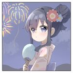  1girl aerial_fireworks black_hair blue_flower blue_sky blush closed_mouth clouds commentary_request fireworks flower hair_between_eyes hair_bun hair_flower hair_ornament hand_fan hand_up highres holding holding_fan japanese_clothes kapuru_0410 kimono paper_fan red_flower shirosaki_hana sidelocks sky solo uchiwa upper_body violet_eyes watashi_ni_tenshi_ga_maiorita! white_kimono yukata 