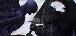  2boys aki_(akistrike) armor artist_name berserk black_armor black_cloak bodysuit clenched_teeth cloak commentary dragonslayer_(sword) english_commentary face_in_shadow femto_(berserk) fighting griffith_(berserk) guts_(berserk) helmet highres holding holding_sword holding_weapon looking_at_another male_focus multiple_boys purple_bodysuit shoulder_armor sword teeth weapon 