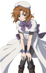  1girl back_bow black_thighhighs blue_eyes bow bowtie brown_footwear closed_mouth dress feet_out_of_frame hands_on_own_knees highres higurashi_no_naku_koro_ni leaning_forward light_smile looking_at_viewer marutei2 medium_hair orange_hair puffy_short_sleeves puffy_sleeves purple_bow purple_bowtie ryuuguu_rena short_sleeves simple_background sketch smile solo thigh-highs white_background white_dress white_headwear 