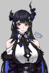  1girl asymmetrical_horns bare_shoulders black_hair blue_hair blush breasts colored_inner_hair demon_horns fur_trim hair_ornament highres hololive hololive_english horns jailbird_(nerissa_ravencroft) large_breasts long_hair looking_at_viewer mole mole_under_eye multicolored_hair nerissa_ravencroft red_eyes seiyaofabyss smile solo two-tone_hair virtual_youtuber 