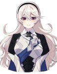  1girl armor black_hairband blue_cape breastplate cape closed_mouth commentary corrin_(female)_(fire_emblem) corrin_(fire_emblem) cropped_torso fire_emblem fire_emblem_fates grey_hair hairband highres hoya_kbknb47 long_hair looking_at_viewer pointy_ears red_eyes simple_background smile solo twitter_username very_long_hair white_background 