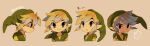  1boy artist_request closed_mouth green_shirt hat highres link looking_at_viewer multiple_persona pointy_ears shirt short_hair simple_background the_legend_of_zelda the_legend_of_zelda:_spirit_tracks the_legend_of_zelda:_the_wind_waker tokuura toon_link translation_request tunic 