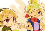  1girl closed_mouth commentary_request green_shirt hair_bun hat link looking_at_viewer one_eye_closed pointy_ears red_scarf scarf shirt short_hair simple_background smile tetra the_legend_of_zelda the_legend_of_zelda:_the_wind_waker tokuura 