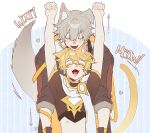  2boys absurdres aether_(genshin_impact) ahoge animal_ear_fluff animal_ears arms_up arrow_(symbol) artist_name blonde_hair blue_background blush braid brown_coat brown_gloves brown_shirt caelus_(honkai:_star_rail) cat_ears cat_tail coat collarbone company_connection crossover dog_ears dog_tail earrings english_text fangs genshin_impact gloves grey_hair hair_between_eyes heart highres honkai:_star_rail honkai_(series) hood hooded_coat jewelry kemonomimi_mode kohianji long_hair long_sleeves male_focus mihoyo multiple_boys open_mouth scarf shirt short_hair short_sleeves single_earring skin_fangs smile striped striped_background t-shirt tail teeth tongue trailblazer_(honkai:_star_rail) two-sided_coat white_background white_scarf white_shirt yellow_coat 