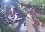  1girl absurdres azusagawa_sakuta bamboo bamboo_forest blue_eyes blue_shirt brown_jacket forest highres jacket long_hair looking_at_another looking_at_viewer looking_back mizoguchi_keiji nature official_art outdoors pants sakurajima_mai second-party_source seishun_buta_yarou shirt short_hair sitting sitting_on_stairs sneezing stairs sweater turtleneck turtleneck_sweater white_pants white_sweater wooden_floor 