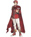  1boy amiba_(nerdamiba) azelle_(fire_emblem) book cape coat fire_emblem fire_emblem:_genealogy_of_the_holy_war fire_emblem_heroes full_body highres holding holding_book looking_at_viewer pants red_cape red_coat red_eyes red_footwear redhead transparent_background white_pants 
