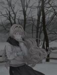  1girl an-94_(girls&#039;_frontline) bare_tree blonde_hair blue_eyes blush breath commission commissioner_upload floating_hair girls_frontline gloves grey_theme highres long_hair looking_at_viewer outdoors overcast sardine_(feshtail) scarf sky smile snow solo sweater tree winter 