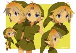  1boy ahoge belt brown_footwear closed_mouth commentary_request green_shirt hat link looking_at_viewer multiple_persona pointy_ears shirt short_hair smile the_legend_of_zelda the_legend_of_zelda:_ocarina_of_time tokuura young_link 