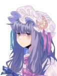  1girl blue_bow bow braid crescent crescent_hat_ornament expressionless hair_bow hat_ornament highres long_hair looking_at_viewer moonii_desu patchouli_knowledge purple_bow purple_hair shirt solo touhou twin_braids violet_eyes white_background white_headwear white_shirt 