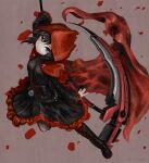  1girl absurdres black_dress black_hair boots brown_background cape crescent_rose cross-laced_footwear dress falling_petals frilled_dress frills grey_eyes highres holding holding_scythe holding_weapon hood hooded_cape knee_boots lace-up_boots petals red_cape rose_petals rwby scythe short_hair solo weapon 