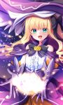  1girl :d baram bare_shoulders black_bow black_gloves blonde_hair bow capelet center_frills commentary_request frills gloves green_eyes hair_bow hat highres long_hair mononobe_alice multicolored_hair nijisanji one_side_up orange_skirt purple_capelet purple_hair purple_headwear purple_skirt ringlets shirt skirt sleeveless sleeveless_shirt smile solo two-tone_hair virtual_youtuber white_shirt witch_hat 