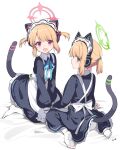  2girls animal_ear_headphones animal_ears apron black_dress blonde_hair blue_archive blush cat_ear_headphones dress fake_animal_ears frilled_dress frills green_eyes halo headphones highres long_sleeves looking_at_viewer maid_headdress midori_(blue_archive) midori_(maid)_(blue_archive) momoi_(blue_archive) momoi_(maid)_(blue_archive) multiple_girls open_mouth pantyhose pink_eyes ponytail simple_background sitting tail two_side_up white_apron white_background white_pantyhose you_guo_chaocai 