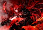  1boy abstract_background arm_up armor black_armor chinese_commentary commentary_request facial_mark fire forehead_mark highres long_hair looking_at_object lord_of_the_mysteries medici_(lord_of_the_mysteries) parted_lips red_eyes red_theme redhead ruki0728 shaded_face solo stab sword tattoo teeth weapon wind 