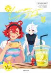  2girls :d absurdres ahoge black_hairband black_shirt blue_skirt blue_sky brown_eyes cellphone character_name closed_eyes cover cover_page cup day disposable_cup drink drinking_straw facing_viewer food fruit gundam gundam_suisei_no_majo hair_between_eyes hairband hands_on_own_legs highres holding holding_phone knees_to_chest leaning_forward lemon lemon_slice lemonade letterboxed long_hair long_skirt looking_at_viewer miorine_rembran multiple_girls open_mouth outdoors phone pleated_skirt redhead shirt sidelocks sitting skirt sky sleeveless sleeveless_shirt smartphone smile straight_hair striped striped_shirt suletta_mercury table teeth upper_teeth_only watameki_(pixiv_33969409) white_hair 
