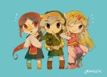  1boy 2girls beak blue_eyes closed_mouth dress korok link looking_at_viewer makar medli multiple_girls one_eye_closed parted_bangs pointy_ears ponytail princess_zelda red_eyes shirt simple_background smile the_legend_of_zelda the_legend_of_zelda:_the_wind_waker tokuura toon_link toon_zelda 