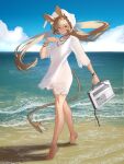  1girl absurdres alternate_costume animal_ears arknights barefoot beach blonde_hair blue_sky bracelet clouds cloudy_sky commission crossed_bangs day distr dorothy_(arknights) dress ear_tag full_body hair_between_eyes highres jewelry long_hair looking_at_viewer mouse_ears mouse_girl mouse_tail necklace ocean outdoors sand sky smile solo standing sundress tail watch watch water waves white_dress white_headwear yellow_eyes 