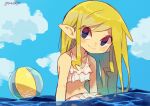  alternate_costume artist_name ball bare_arms bare_shoulders beachball blue_eyes closed_mouth clouds happy highres long_hair looking_at_viewer pointy_ears princess_zelda sky smile speech_bubble swimsuit the_legend_of_zelda the_legend_of_zelda:_spirit_tracks the_legend_of_zelda:_the_wind_waker tokuura upper_body very_long_hair water 