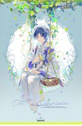  1boy animal_on_shoulder barefoot bird bird_on_shoulder black_hair blue_background blue_flower blue_ribbon branch character_doll closed_mouth commission copyright dated detached_sleeves falling_leaves feathers feet flower full_body genshin_impact highres japanese_clothes kimono layered_sleeves leaf long_sleeves looking_at_viewer male_focus multicolored_hair neck_ribbon pants parted_bangs plant pom_pom_(clothes) purple_hair purple_kimono red_ribbon ribbon rope scaramouche_(genshin_impact) scaramouche_(kabukimono)_(genshin_impact) short_hair sidelocks simple_background sitting smile solo sparkle star_(symbol) summer swing toes u37777123 veil vest vines violet_eyes watermark white_background white_flower white_pants white_sleeves white_vest wide_sleeves 