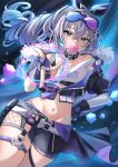  1girl absurdres chewing_gum eyewear_on_head fingerless_gloves gloves hair_ribbon haruka_ayane highres honkai:_star_rail honkai_(series) jacket long_hair looking_at_viewer navel purple_hair ribbon shorts silver_wolf_(honkai:_star_rail) solo tank_top thick_thighs thigh_strap thighs violet_eyes 