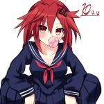  1girl breasts chewing_gum hair_between_eyes highres kurozero long_hair long_sleeves low_twintails medium_breasts neckerchief neptune_(series) pleated_skirt red_eyes red_neckerchief redhead school_uniform serafuku shin_jigen_game_neptune_vii shirt skirt solo tennouboshi_uzume twintails very_long_hair 