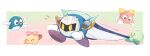  :d ^^^ armor blue_cape blush blush_stickers border bow cape cape_tug character_request closed_eyes commentary_request fallen_down flying_sweatdrops furrowed_brow gloves gradient_background kirby:_right_back_at_ya kirby_(series) lalala_(kirby) lololo_(kirby) looking_at_another mask meta_knight midooka_(o_k_k) no_humans open_mouth outside_border pauldrons pink_bow shoulder_armor simple_background smile violet_eyes white_border white_gloves yellow_bow yellow_eyes 