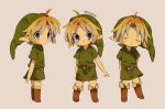  1boy ahoge artist_name brown_footwear closed_mouth full_body green_shirt hat link looking_at_viewer multiple_persona pointy_ears shirt short_hair short_sleeves simple_background the_legend_of_zelda the_legend_of_zelda:_ocarina_of_time tokuura tunic young_link 