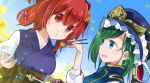  2girls :t aqua_eyes asymmetrical_hair blue_eyes blue_headwear blue_sky breasts chopsticks comiket_97 commentary_request eating food frilled_hat frills green_hair hat holding holding_chopsticks holding_food inuinui looking_at_viewer multiple_girls onozuka_komachi open_mouth outdoors red_eyes sash shiki_eiki sky touhou upper_body 