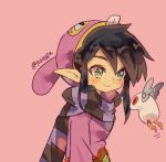  1boy animal_hood back bag blush commentary_request green_eyes hat hood jewelry male_focus pointy_ears purple_hair purple_sweater rabbit_hood ravio rupee_(zelda) sheerow solo sweater the_legend_of_zelda the_legend_of_zelda:_a_link_between_worlds tokuura tunic 