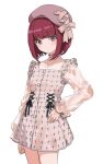  1girl arima_kana bob_cut closed_mouth dress hat highres inverted_bob looking_at_viewer migolu oshi_no_ko pink_headwear red_eyes redhead short_hair simple_background solo white_background 