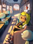  1girl absurdres backpack bag black_bag black_footwear black_shirt blonde_hair blurry blurry_background blush boots braid character_request closed_mouth clouds commentary_request depth_of_field eyebrow_cut hand_grip highres holding holding_bag inkling inkling_girl jellyfish_(splatoon) long_hair looking_at_another looking_at_viewer looking_down looking_outside mohawk moromi_(kscd4482) multicolored_footwear on_head redhead shadow shirt short_eyebrows short_sleeves side_braid sidelocks single_braid sitting sky smallfry_(splatoon) smile splatoon_(series) splatoon_3 t-shirt train_interior white_footwear white_shirt window yellow_eyes 