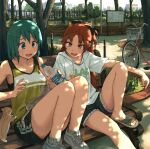  2girls bench bicycle blue_eyes blue_hair blush bottle cat collarbone dappled_sunlight fang hair_between_eyes hair_ribbon high_ponytail highres hood hoodie kitten leg_up long_hair looking_at_another looking_down mahou_shoujo_madoka_magica miki_sayaka multiple_girls open_mouth park_bench red_eyes redhead ribbon ryuunosuke_(luckyneco) sakura_kyouko sandals shoes short_hair shorts sitting sky sneakers sportswear sunlight sweat thighs tree water_bottle white_hoodie 