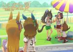  &gt;_&lt; 5girls :d ^_^ animal_ears artist_name blue_bow blue_eyes bottle bow brown_hair closed_eyes cooler domino_mask ear_bow ear_covers el_condor_pasa_(umamusume) golden_generation_(umamusume) grass_wonder_(umamusume) green_bow green_shorts gym_shirt gym_shorts hair_ornament hairclip highres holding holding_bottle horse_ears horse_girl horse_tail jiima_tarou king_halo_(umamusume) long_hair looking_to_the_side mask multicolored_hair multiple_girls original_race_uniform_(umamusume) race_bib red_shorts shirt shoes short_hair shorts sitting smile sneakers special_week_(umamusume) streaked_hair tail tsurumaru_tsuyoshi_(umamusume) umamusume water_bottle white_hair white_shirt 