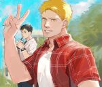  0oizuo0 2boys bertolt_hoover blonde_hair blush collared_shirt drinking highres layered_shirt male_focus multiple_boys official_alternate_costume pectorals reiner_braun shingeki_no_kyojin shirt short_hair smile upper_body v 