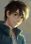  1boy blue_jacket brown_hair buttons collarbone collared_jacket english_commentary eyelashes glasses grey_background jacket long_sleeves looking_at_viewer maosishu open_mouth original portrait realistic round_eyewear shirt short_hair smile sunlight teeth thick_eyebrows white_shirt yellow-framed_eyewear 