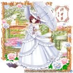  1girl alternate_costume book bridge brown_eyes brown_hair closed_mouth collarbone commentary copyright_name dress english_commentary flower full_body game_cg hieda_no_akyuu hieda_no_akyuu_(white_page_of_gensokyo&#039;s_history) holding holding_umbrella juliet_sleeves long_sleeves looking_at_viewer outdoors pink_flower puffy_sleeves rotte_(1109) short_hair smile solo standing third-party_source touhou touhou_lost_word umbrella white_dress white_flower white_headwear white_umbrella 