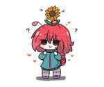  1girl ? antennae backpack bag blue_jacket blush chibi closed_mouth flower flower_on_head heart jacket looking_at_viewer original purple_footwear redhead shadow shoes simple_background smile snail_girl solo standing striped striped_thighhighs sunflower thigh-highs track_jacket uni_souchou white_background yellow_flower 