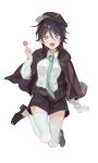  1girl :d absurdres aqua_necktie black_footwear black_hair black_headwear black_jacket black_shorts breasts bungou_stray_dogs candy collared_shirt commentary_request edogawa_ranpo_(bungou_stray_dogs) fang food full_body genderswap genderswap_(mtf) green_eyes highres holding holding_candy holding_food holding_lollipop jacket jumping kitou_saji lollipop long_hair long_sleeves looking_at_viewer medium_breasts necktie open_clothes open_jacket open_mouth shirt shirt_tucked_in shorts simple_background smile solo straight-on thigh-highs white_background white_shirt white_thighhighs 