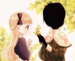  1boy 1girl arm_at_side blue_eyes blunt_bangs blurry bow bowtie capelet curious day depth_of_field emilico_(shadows_house) facing_to_the_side flower giving green_shirt hair_bow hand_up hetero holding holding_flower kohori long_hair looking_at_another nature one_side_up outdoors patrick_(shadows_house) plaid plaid_shirt profile reaching shadow_(shadows_house) shadows_house shirt short_hair upper_body white_background white_bow white_bowtie white_capelet 