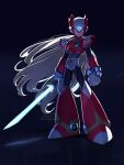  1boy absurdres armor black_bodysuit bodysuit energy_sword glowing helmet highres holding holding_sword holding_weapon long_hair looking_at_viewer male_focus mega_man_(series) mega_man_x_(series) pov simple_background solo standing sword tanaka_(is2_p) very_long_hair watermark weapon z_saber zero_(mega_man) 