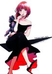  1girl absurdres arima_kana bare_shoulders black_dress black_footwear bob_cut dress finger_to_mouth highres inverted_bob open_mouth oshi_no_ko red_eyes redhead short_hair simple_background sitting solo white_background yurigera_8959 