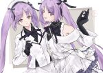 2girls absurdres bag beret black_gloves black_pantyhose blush boots cabbie_hat dress euryale_(fate) fate/grand_order fate_(series) gloves hat highres kotolespedeza multiple_girls pantyhose purple_eyes purple_hair smile stheno_(fate) sweat twins twintails white_dress