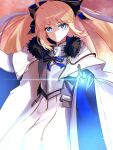  1girl 710_ao absurdres ahoge armor black_bow black_gloves blonde_hair blue_eyes blue_ribbon blurry bow breastplate capelet cowboy_shot depth_of_field dress fate/grand_order fate_(series) fur-trimmed_capelet fur_trim gloves hair_bow highres long_hair long_sleeves looking_at_viewer magic ponytail ribbon serious solo spiked_armor striped striped_ribbon tonelico_(fate) two-tone_sleeves white_capelet white_dress wide_sleeves 