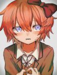  1girl averting_eyes black_jacket blue_eyes blush bow collared_shirt commentary doki_doki_literature_club embarrassed hair_between_eyes hair_bow highres jacket lower_teeth_only neck_ribbon orange_vest parted_lips pink_hair pov pov_hands red_bow ribbon sayori_(doki_doki_literature_club) school_uniform shirt short_hair simple_background solo_focus suuno_kamibukuro teeth variant_set vest white_background white_shirt 