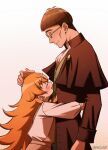 1boy 1girl absurdres blush brown_coat brown_hair closed_eyes coat female_child from_side glasses grin height_difference highres hug juliette_(mushoku_tensei) long_hair long_sleeves looking_down looking_up mushoku_tensei orange_hair ravi_617 shirt short_hair simple_background smile twitter_username very_long_hair white_shirt zanoba 
