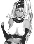  1girl breasts cross dark-skinned_female dark_skin earrings elbow_gloves gloves greyscale gyaru headband highres hoop_earrings jewelry lips long_hair looking_at_viewer medium_breasts monochrome mostlybluewyatt navel necklace one-punch_man solo white_background white_hair yuta_(one_punch_man) 