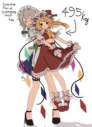  &gt;_&lt; 2girls absurdres ascot black_eyes black_footwear blonde_hair braid carrying closed_eyes commentary english_commentary flandre_scarlet full_body grey_hair high_heels highres izayoi_sakuya looking_at_viewer maid maid_headdress multiple_girls one_side_up ougiikun red_footwear red_skirt side_braids simple_background skirt socks touhou twin_braids white_background white_socks wrist_cuffs yellow_ascot 