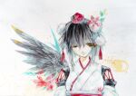  1girl bird_wings black_hair feathered_wings feathers hat highres ikeda_ruriko kourindou_tengu_costume looking_at_viewer medium_hair painting_(medium) pom_pom_(clothes) red_eyes red_headwear shameimaru_aya solo tokin_hat touhou traditional_media watercolor_(medium) white_background wings 