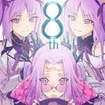  3girls alternate_hairstyle anniversary blush closed_mouth commentary_request double_v euryale_(fate) fate/grand_order fate_(series) forehead forehead_tattoo highres jacket koimizu long_hair looking_at_viewer medusa_(fate) medusa_(saber)_(fate) multiple_girls official_alternate_costume pink-tinted_eyewear purple_hair round_eyewear siblings sisters smile stheno_(fate) sunglasses symbol-shaped_pupils tattoo tinted_eyewear twins twintails v violet_eyes white_jacket 