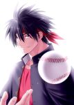  1boy baseball_(object) black_hair black_jacket bloom blue_eyes blurry closed_mouth commentary_request depth_of_field eyes_visible_through_hair hair_between_eyes hairband inohara_masato jacket lips little_busters! looking_at_viewer nose red_hairband red_shirt shirt short_hair simple_background smile solo spiky_hair upper_body v-shaped_eyebrows white_background zen_(kamuro) 