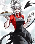  1girl apron black_apron demon demon_girl demon_tail evil_grin evil_smile food fork grin helltaker holding holding_fork holding_plate horns jgeorgedrawz lucifer_(helltaker) mole mole_under_eye pancake pancake_stack plate red_eyes red_shirt shirt smile tail white_hair white_horns 